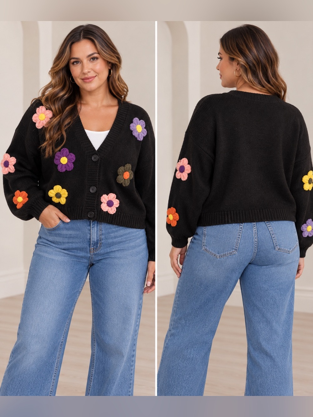 Black Floral Appliqué Button-Front Cardigan Sweater